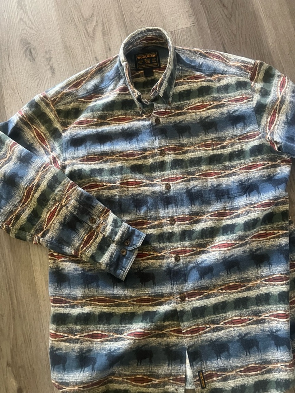 Vintage Woolrich Moose & Bear Blue Multi Western-Stripe Button-Up Shirt XL